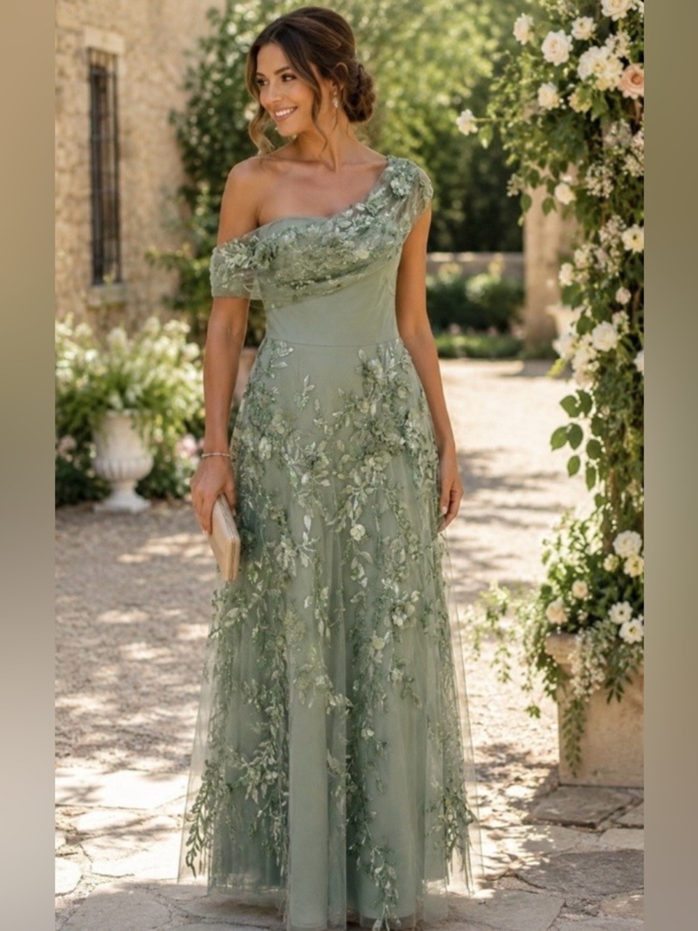 Eliza J Mint Green One-Shoulder Floral Appliqué Gown